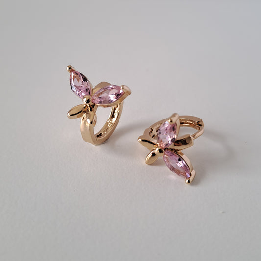 18K gold-plated copper earrings with pink zircon stones, butterfly design