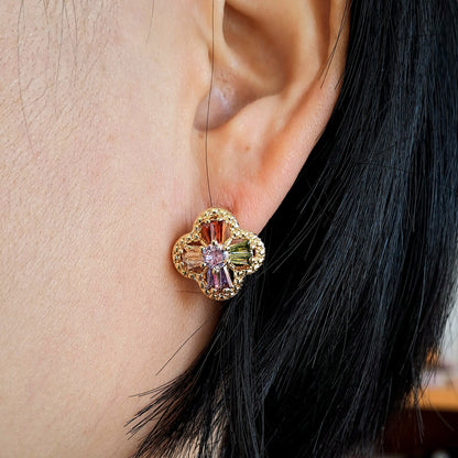 Vintage Gold-Plated Earring,flower earring embedded with colourful zircons