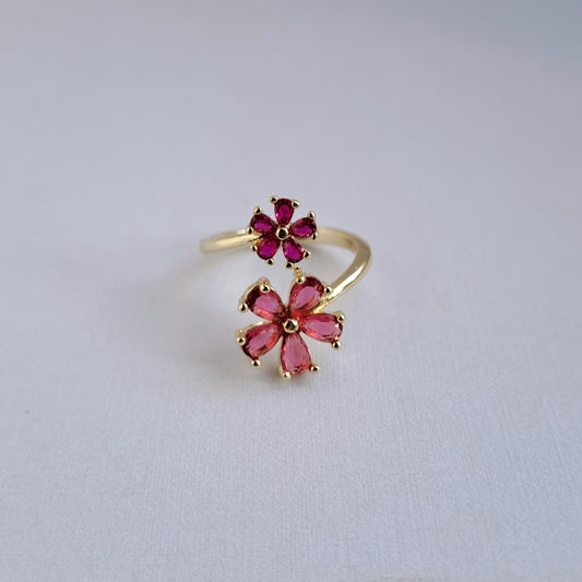 18k gold plated brass open ring embedded with AAA+ zircons/flower design
