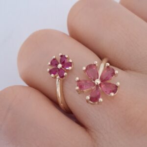 pink zircon flower open ring | gold plated adjustable